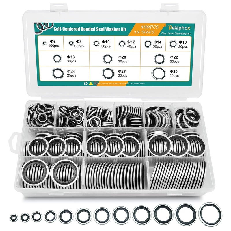 Dekiphox 450PCS Bonded Sealing Washers Automotive Metric Zinc-Plated Steel Rubber Sealing Washer Kit Self-Centred Metal Seal Gasket Crush Washers M6 M8 M10 M12 M14 M16 M18 M20 M22 M24 M27 M30 - Image 1